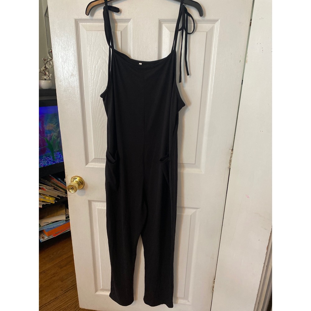 Black Tie Shoulder Jumpsuit Sleeveless Scoop Neck with Pockets‎ XL